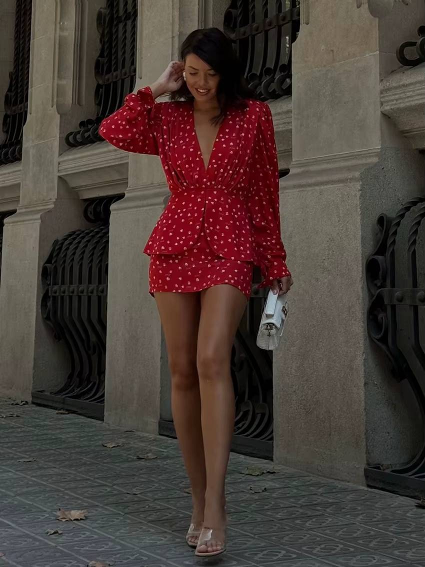Classic High Waist Deep V-Neck Long Sleeve Slim Print Mini Dress
