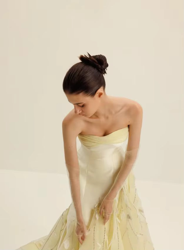 Classic High quality Tulle Tassel Feather Pleat A-line Strapless Long Dress