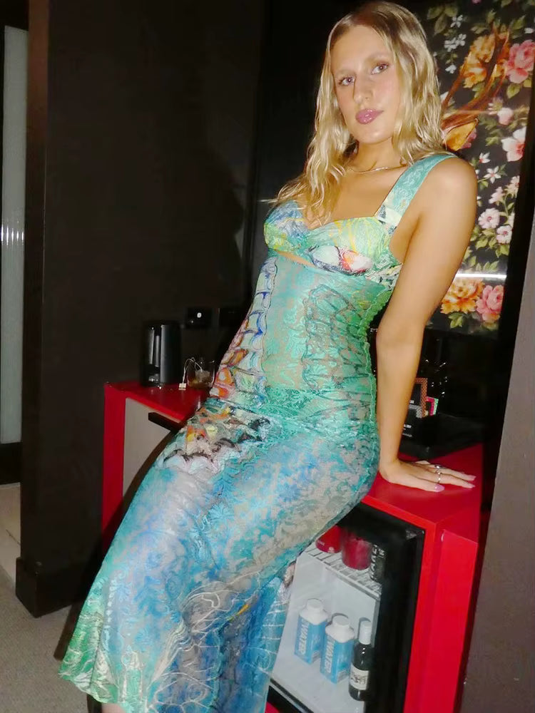 Classic Lace Print Cut Out Bodycon Bandage Maxi Dress Streetwear