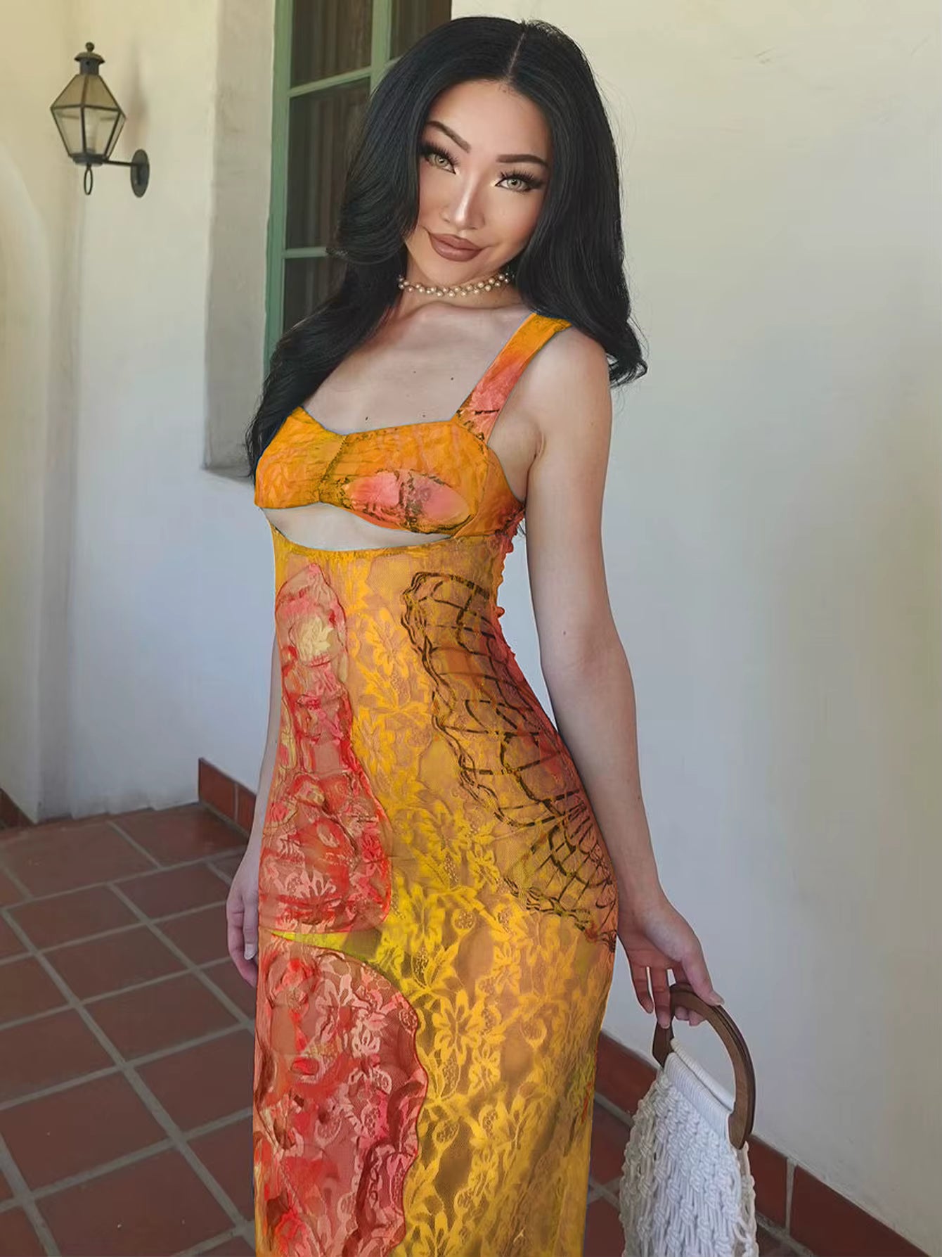Classic Lace Print Cut Out Bodycon Bandage Maxi Dress Streetwear