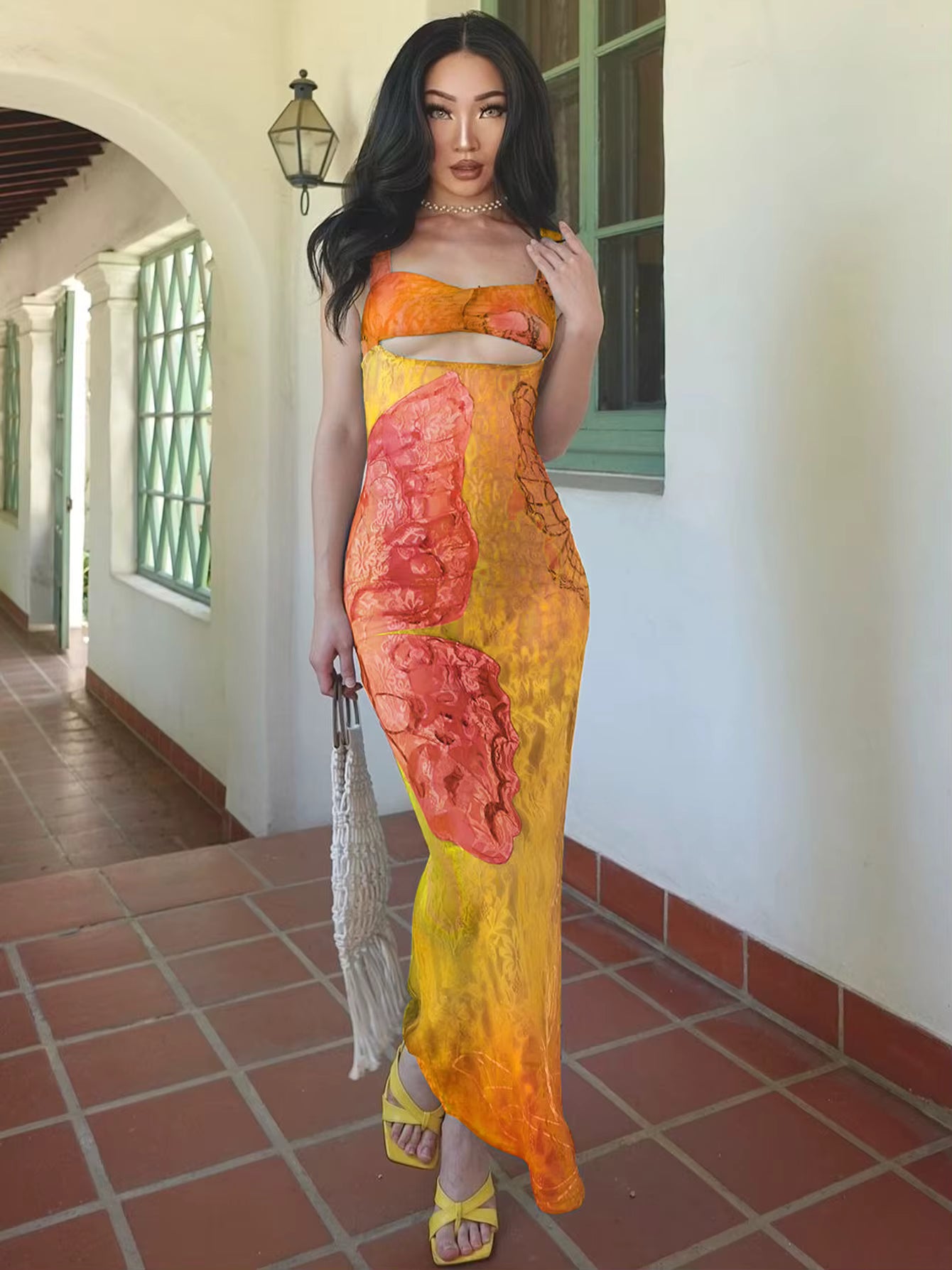 Classic Lace Print Cut Out Bodycon Bandage Maxi Dress Streetwear