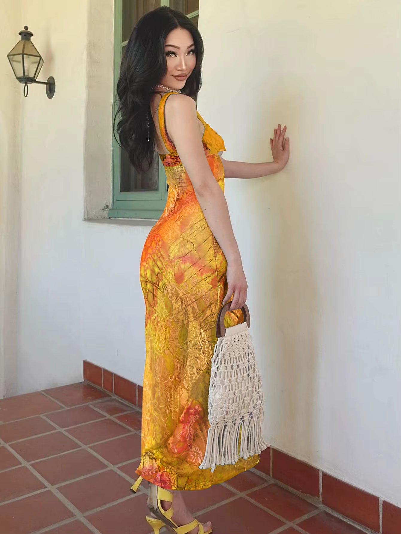 Classic Lace Print Cut Out Bodycon Bandage Maxi Dress Streetwear