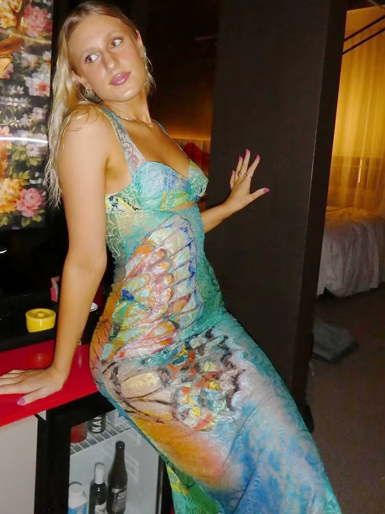 Classic Lace Print Cut Out Bodycon Bandage Maxi Dress Streetwear