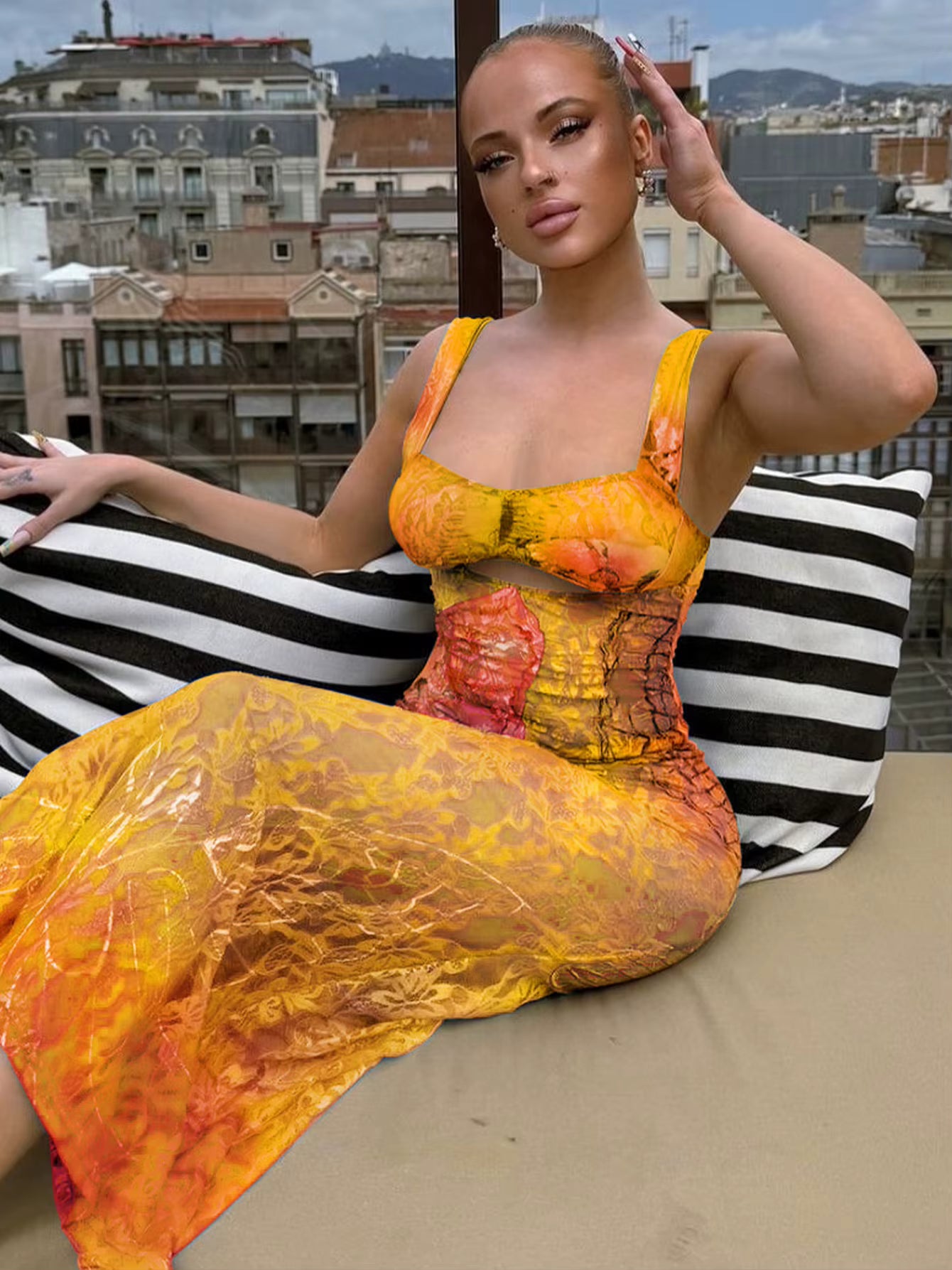 Classic Lace Print Cut Out Bodycon Bandage Maxi Dress Streetwear