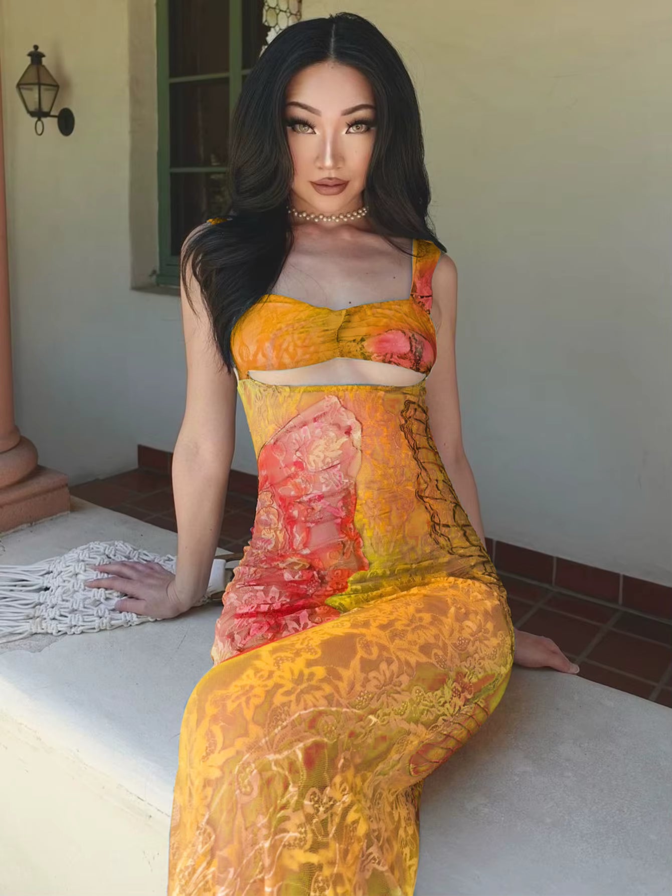 Classic Lace Print Cut Out Bodycon Bandage Maxi Dress Streetwear