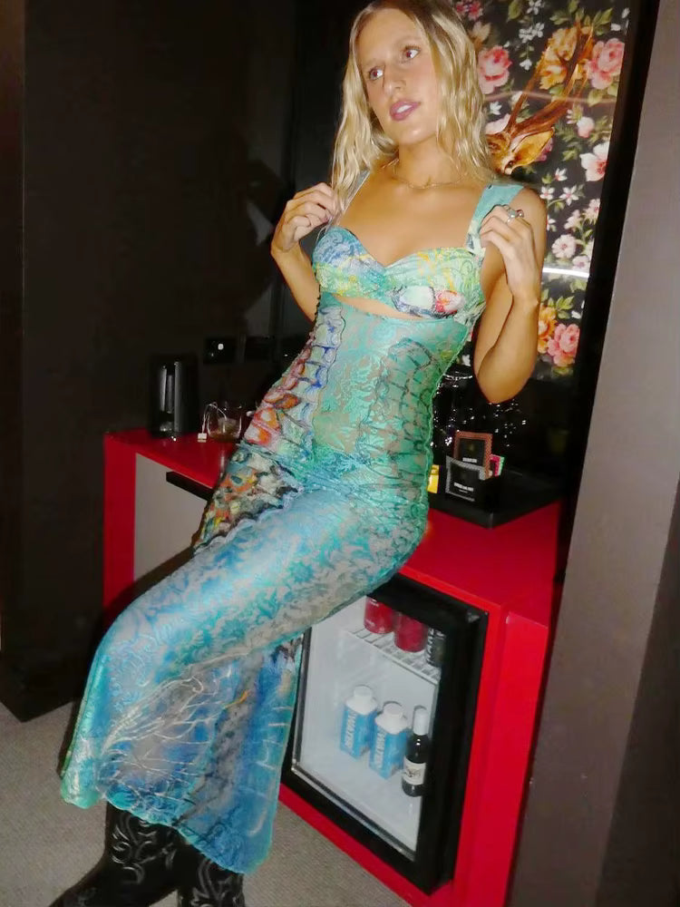 Classic Lace Print Cut Out Bodycon Bandage Maxi Dress Streetwear