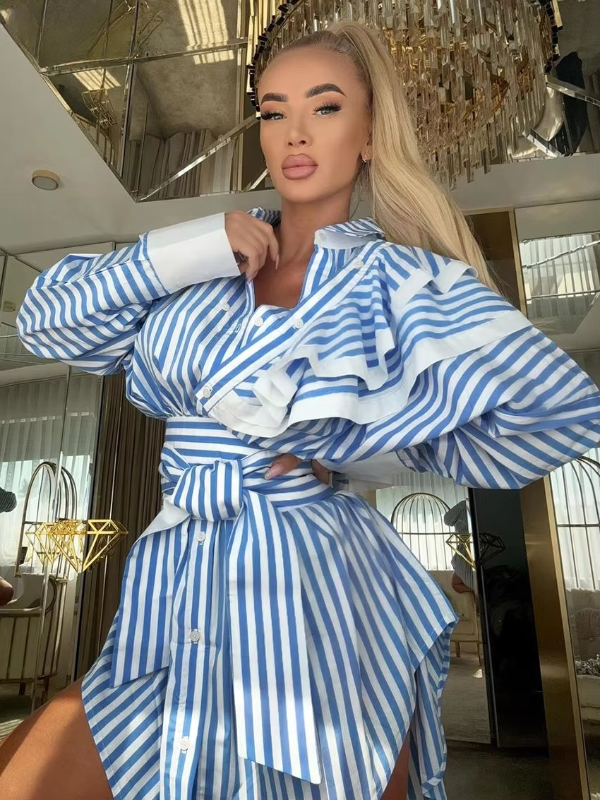 Classic Lapel Long Sleeve Lace-Up Loose Stripe Mini Dress