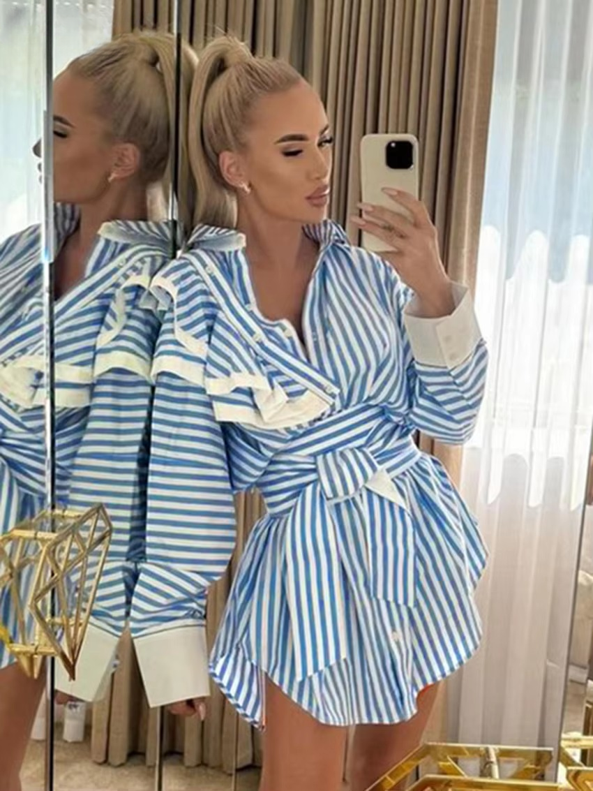 Classic Lapel Long Sleeve Lace-Up Loose Stripe Mini Dress