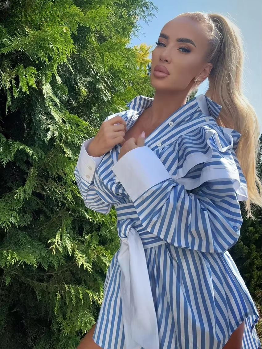 Classic Lapel Long Sleeve Lace-Up Loose Stripe Mini Dress