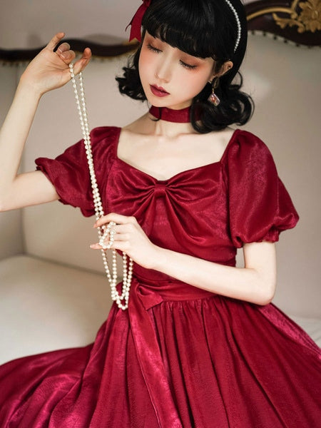 Classic Lolita OP Seine Bows Short Sleeve One Piece Dresses