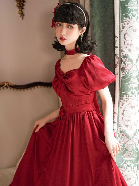 Classic Lolita OP Seine Bows Short Sleeve One Piece Dresses