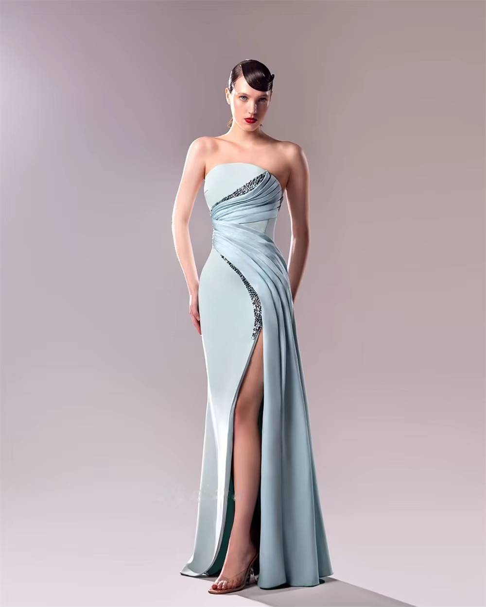 Classic Modern Style Strapless A-line Beading Pleats Formal Evening Party Dress