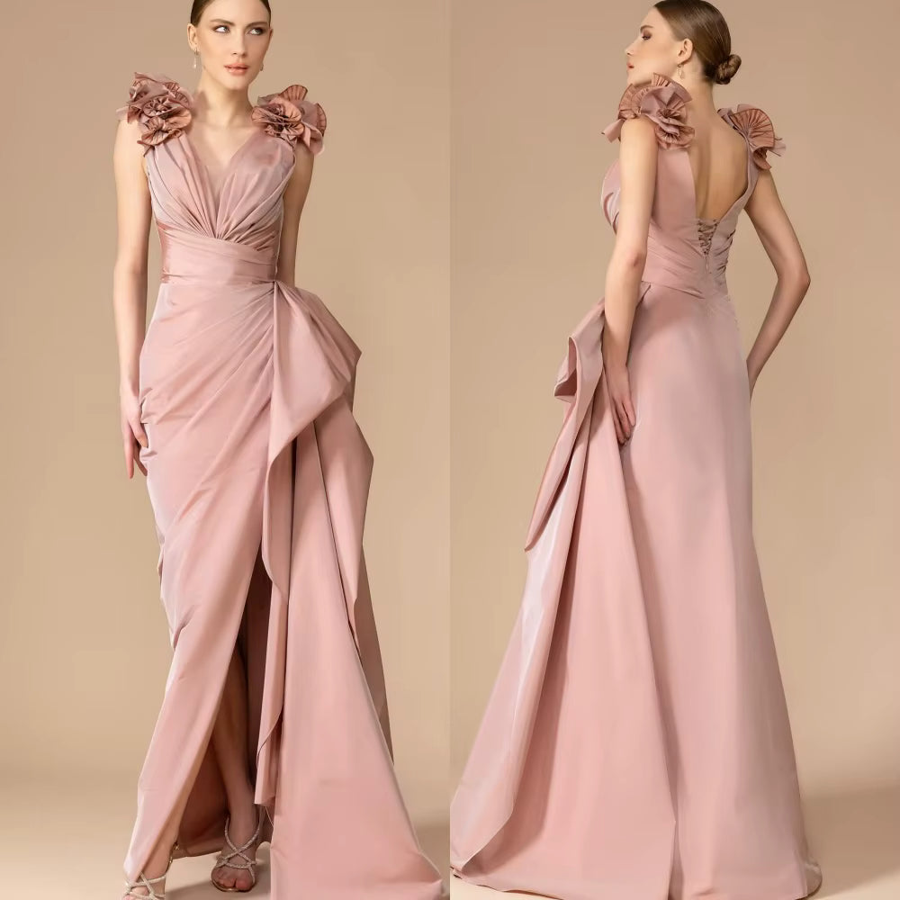 Classic Pleat Flower A-line V-neck Sleeveless Cocktail Long Maxi Dresses