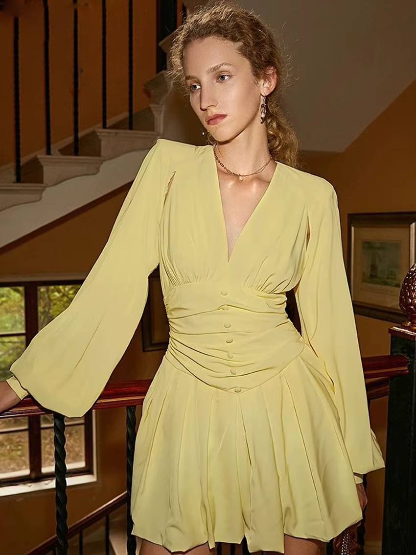 Classic Pullover High Waist V-Neck Long Sleeve Slim Mini Dress