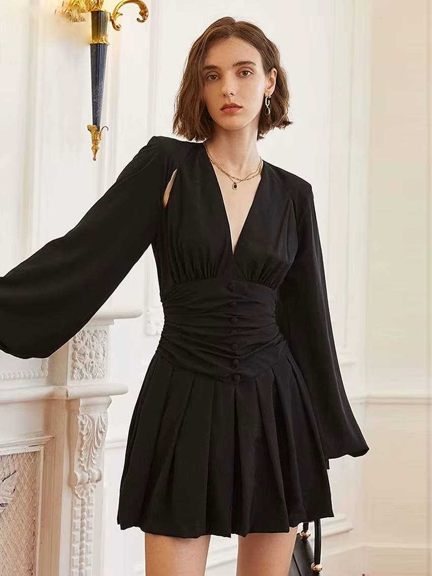 Classic Pullover High Waist V-Neck Long Sleeve Slim Mini Dress