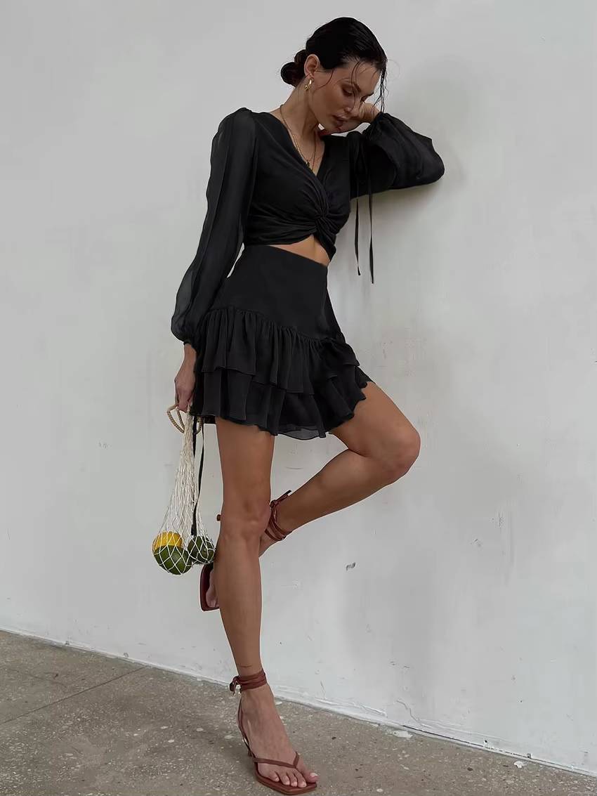 Classic Pullover Hollow Out V-Neck Long Sleeve Mini Dress