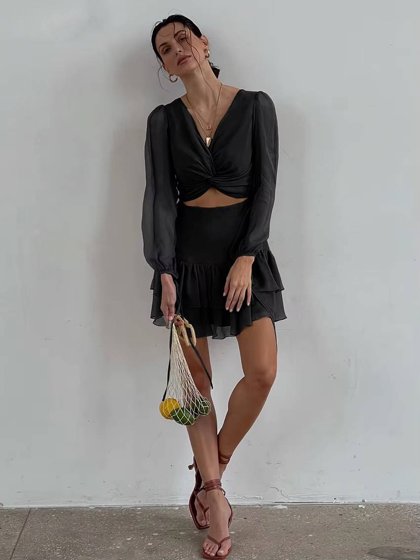 Classic Pullover Hollow Out V-Neck Long Sleeve Mini Dress