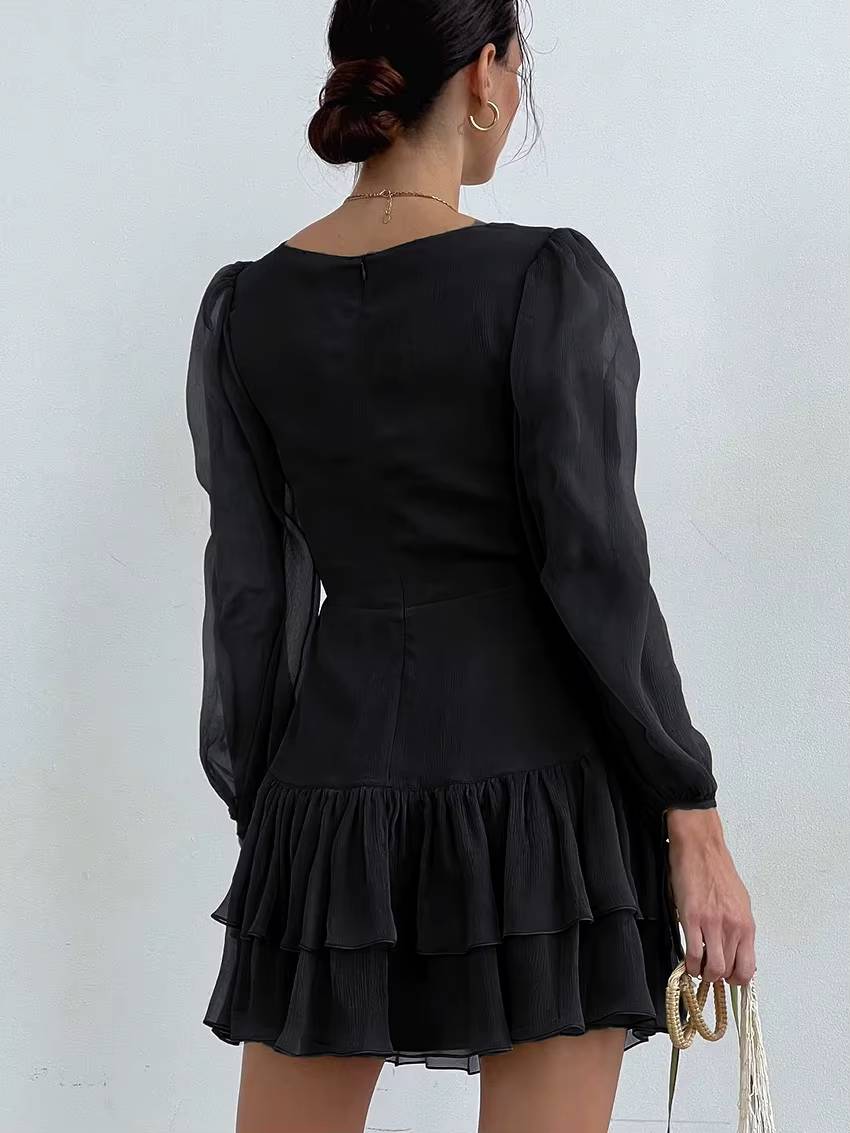 Classic Pullover Hollow Out V-Neck Long Sleeve Mini Dress