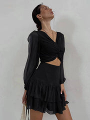 Classic Pullover Hollow Out V-Neck Long Sleeve Mini Dress