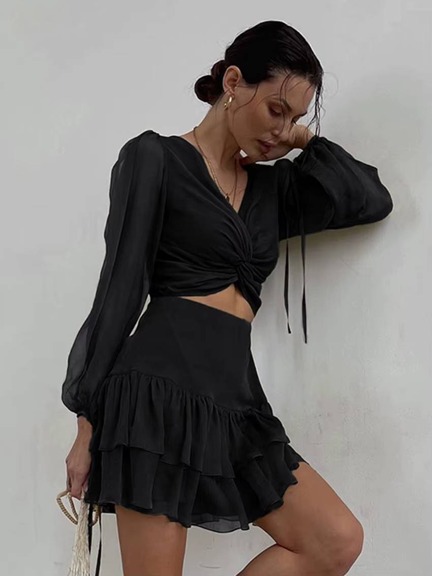 Classic Pullover Hollow Out V-Neck Long Sleeve Mini Dress