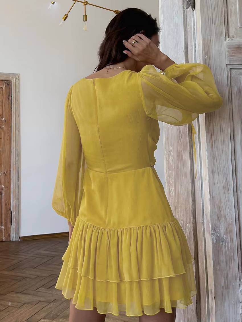 Classic Pullover Hollow Out V-Neck Long Sleeve Mini Dress