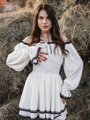 Classic Pullover Slash Neck Long Sleeve Loose Lace Spliced Mini Dress