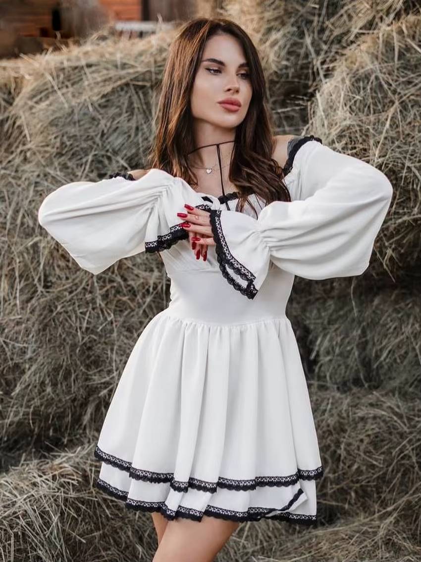 Classic Pullover Slash Neck Long Sleeve Loose Lace Spliced Mini Dress