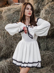 Classic Pullover Slash Neck Long Sleeve Loose Lace Spliced Mini Dress