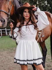 Classic Pullover Slash Neck Long Sleeve Loose Lace Spliced Mini Dress