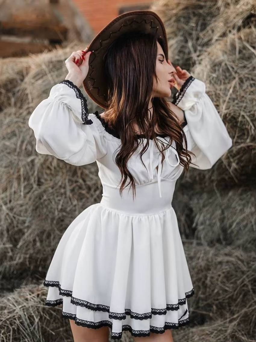 Classic Pullover Slash Neck Long Sleeve Loose Lace Spliced Mini Dress