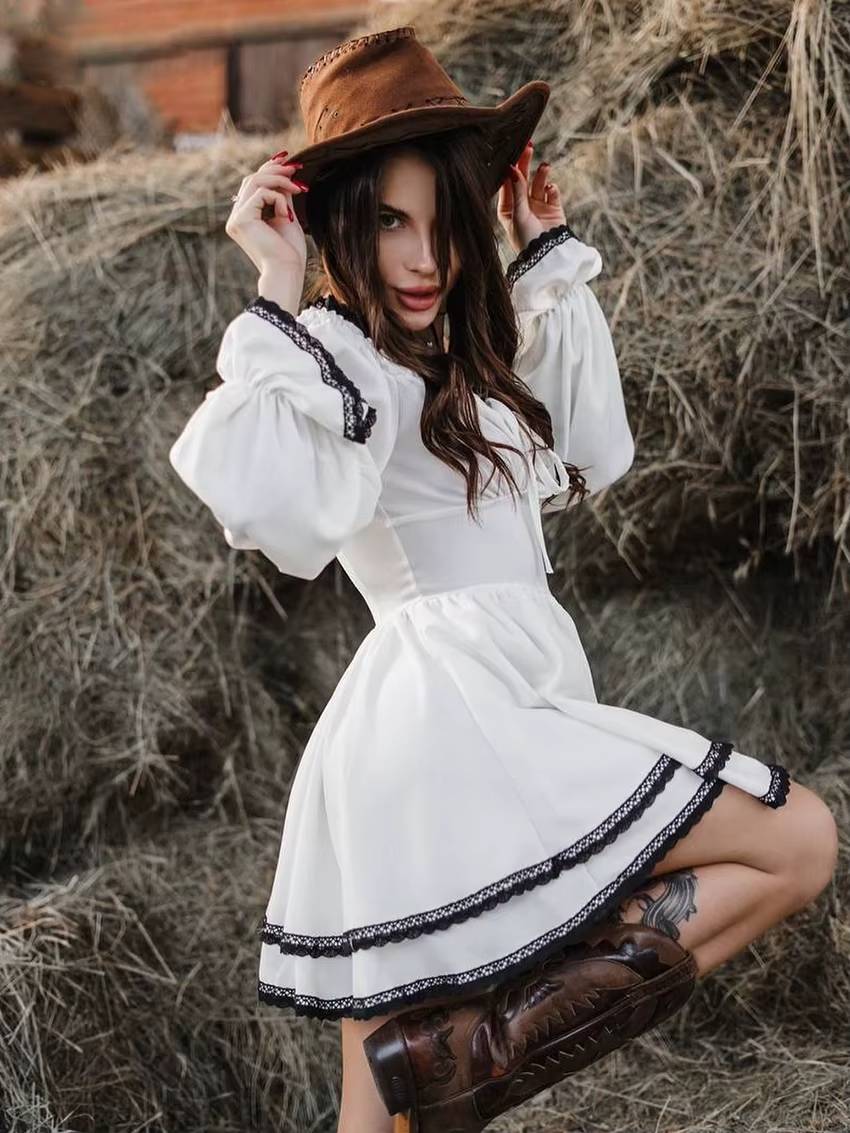 Classic Pullover Slash Neck Long Sleeve Loose Lace Spliced Mini Dress