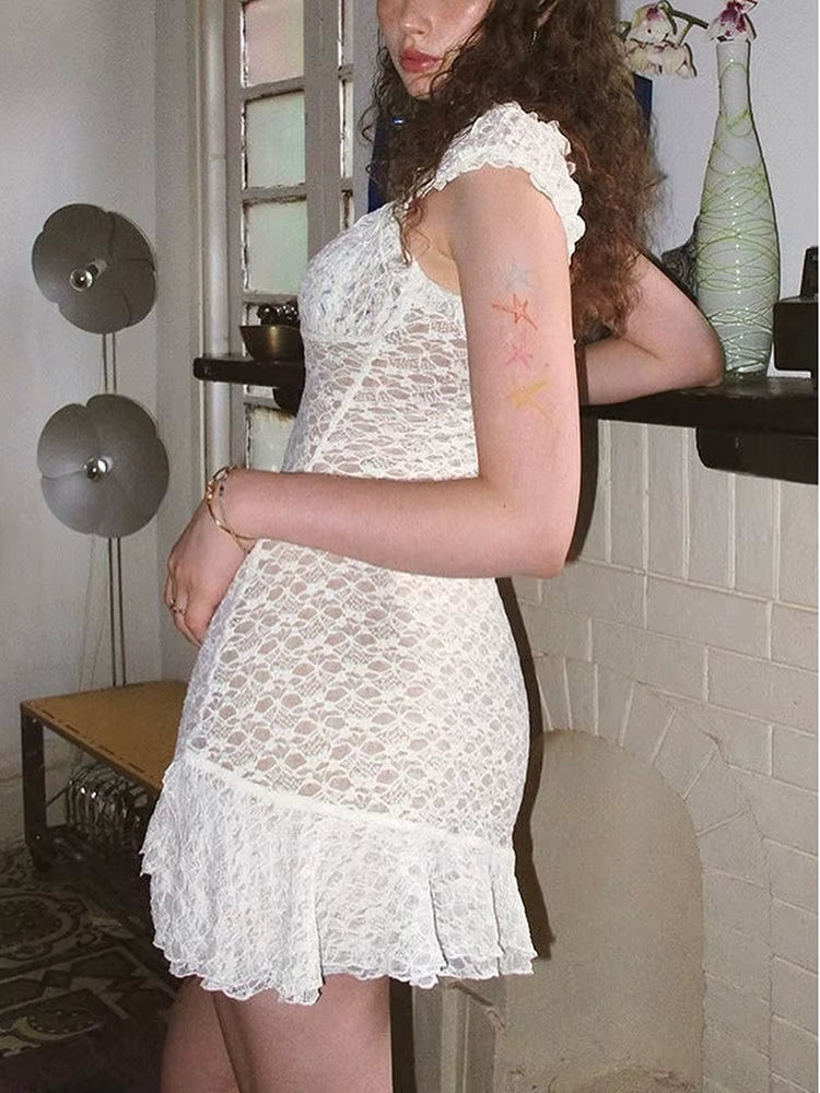 Classic Ruffle Trim Square Neck Body-shaping Vestidos Lace Pleated Mini Dress