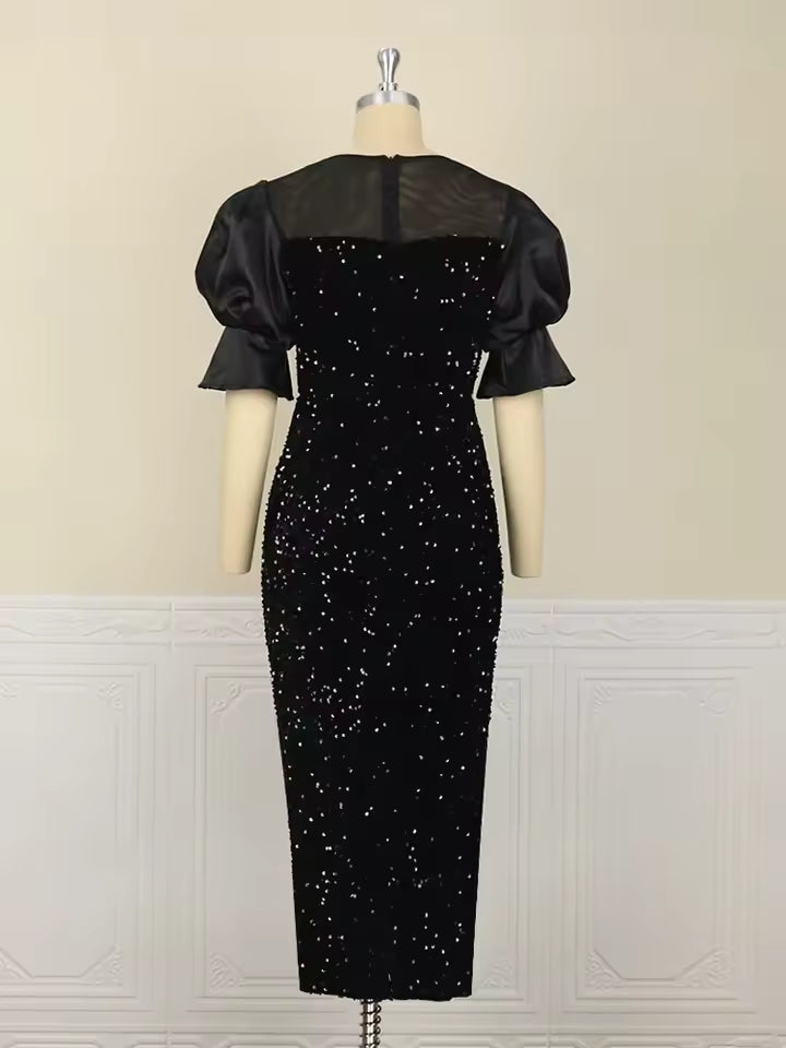 Classic Sequined Shiny Glitter Embroidered Chest Wrapped Puff Sleeve Maxi Dress