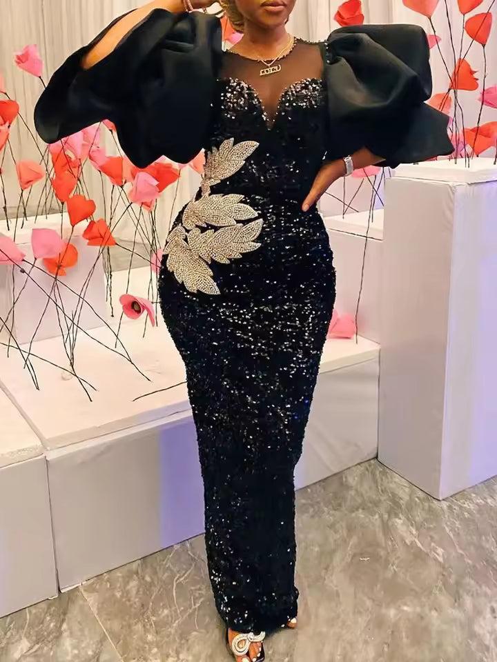 Classic Sequined Shiny Glitter Embroidered Chest Wrapped Puff Sleeve Maxi Dress