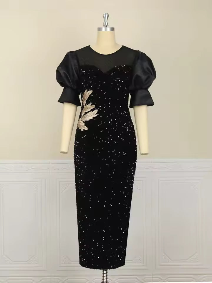 Classic Sequined Shiny Glitter Embroidered Chest Wrapped Puff Sleeve Maxi Dress