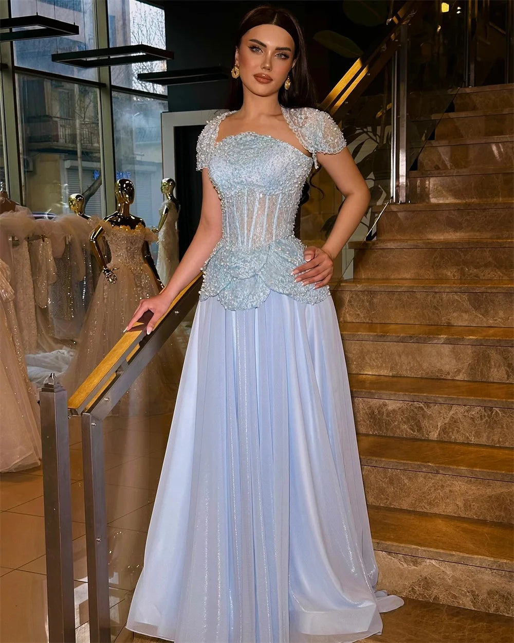 Classic Sequins Off The Shoulder Short Sleeve Lace Beading Evening Party Prom Maxi Dresses