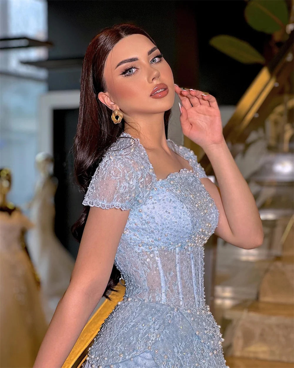 Classic Sequins Off The Shoulder Short Sleeve Lace Beading Evening Party Prom Maxi Dresses