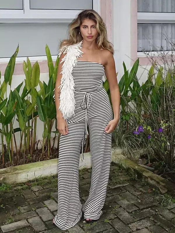 Classic Sleeveless Stripe Pattern Drawstring High-Waist Strapless Jumpsuit
