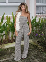 Classic Sleeveless Stripe Pattern Drawstring High-Waist Strapless Jumpsuit