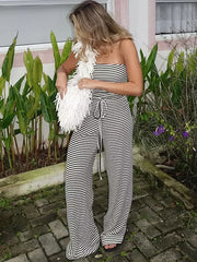 Classic Sleeveless Stripe Pattern Drawstring High-Waist Strapless Jumpsuit