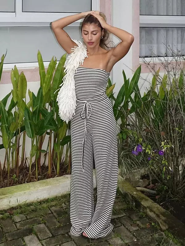 Classic Sleeveless Stripe Pattern Drawstring High-Waist Strapless Jumpsuit