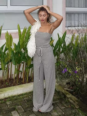 Classic Sleeveless Stripe Pattern Drawstring High-Waist Strapless Jumpsuit