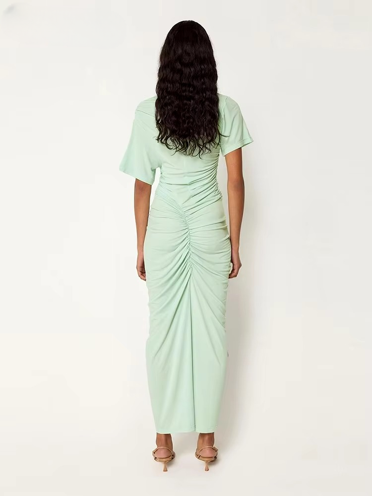 Classic Solid Slash Neck Shirring Short Sleeve Streetwear Bodycon Long Dress