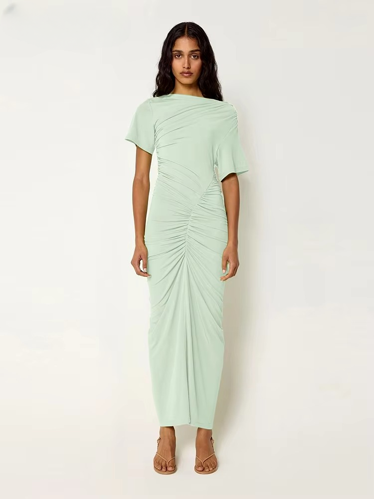 Classic Solid Slash Neck Shirring Short Sleeve Streetwear Bodycon Long Dress
