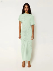 Classic Solid Slash Neck Shirring Short Sleeve Streetwear Bodycon Long Dress