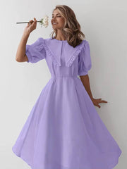 Classic Turn-down Collar Loose Lapel Short Sleeve High Waist Midi Dress