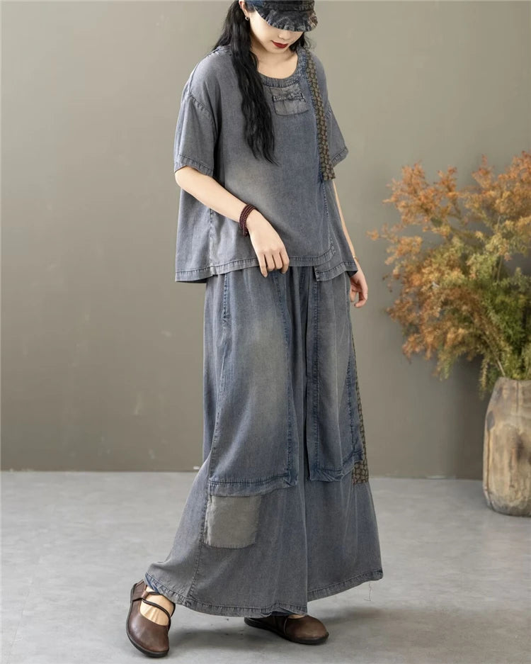 Classic Patchwork O Neck Vintage Tops Tees Loose Jeans Casual Pants Two Pieces Sets