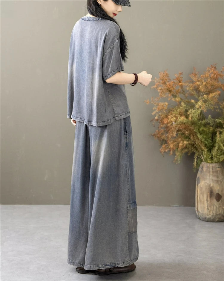 Classic Patchwork O Neck Vintage Tops Tees Loose Jeans Casual Pants Two Pieces Sets