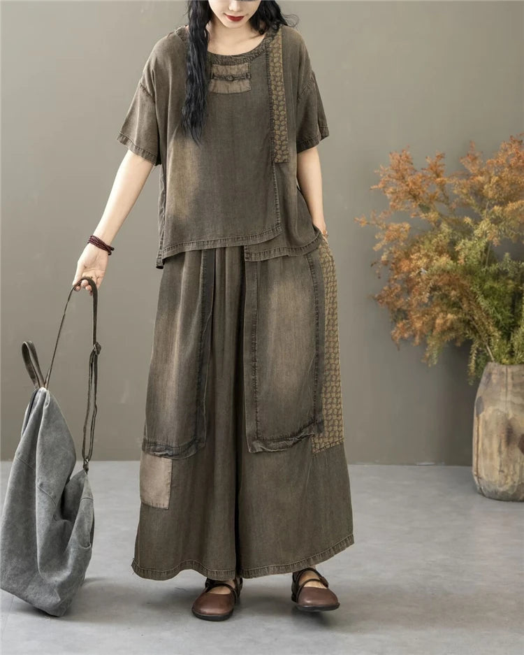 Classic Patchwork O Neck Vintage Tops Tees Loose Jeans Casual Pants Two Pieces Sets