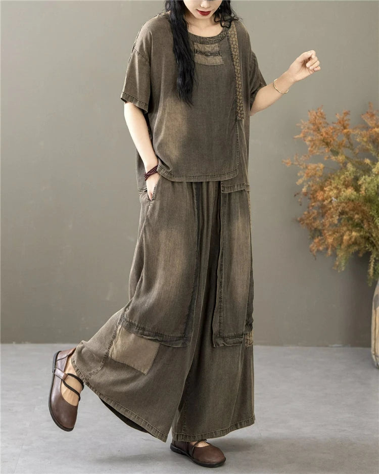 Classic Patchwork O Neck Vintage Tops Tees Loose Jeans Casual Pants Two Pieces Sets
